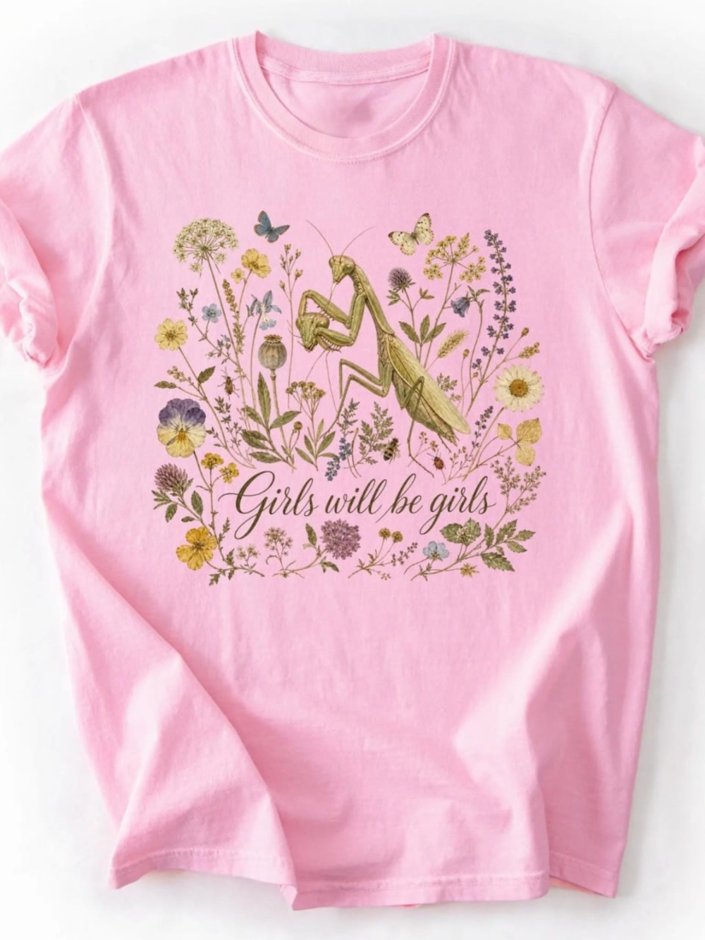 Light Pink Floral Praying Mantis Girls' Short Sleeve Tee